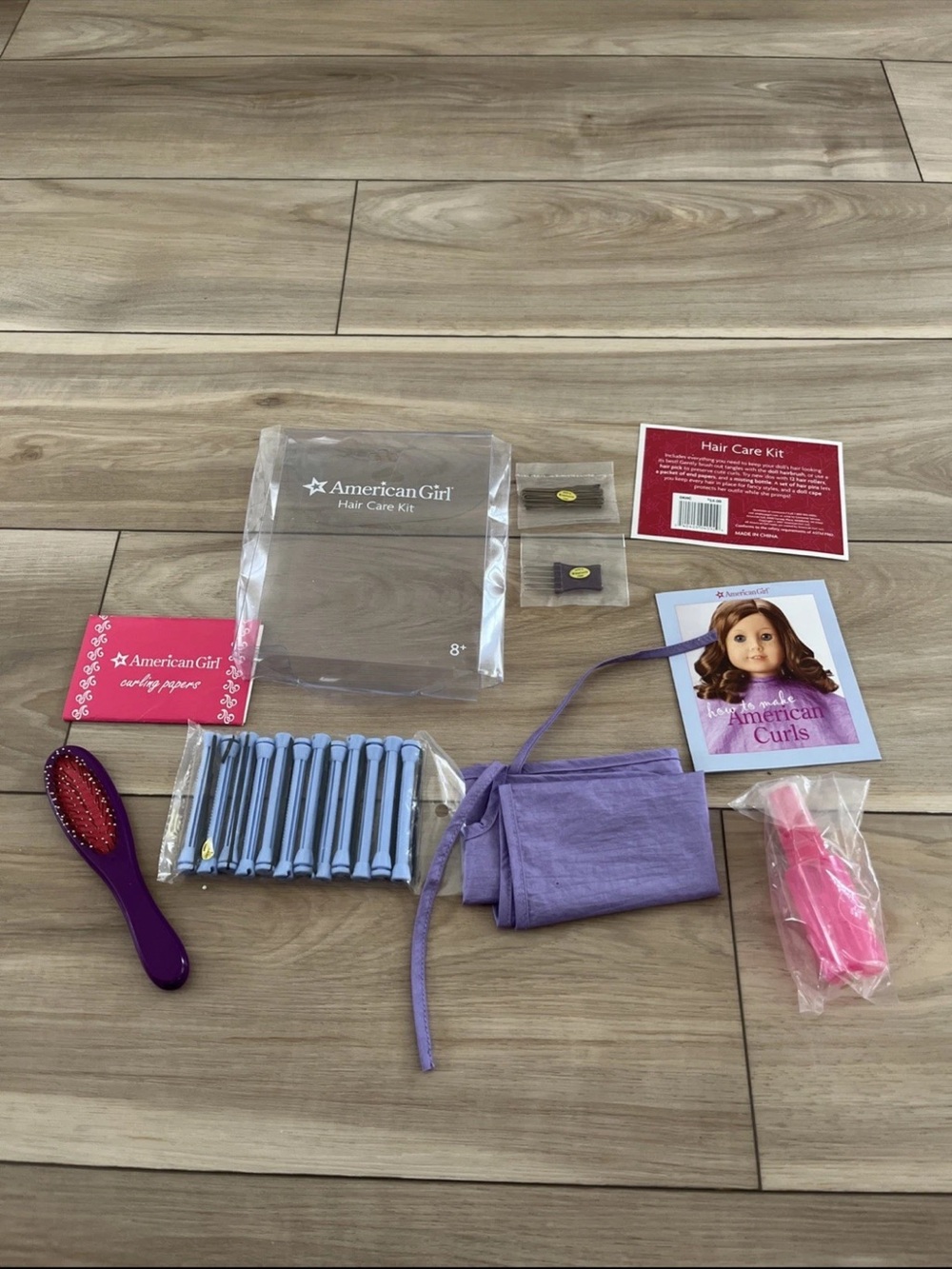 American Girl Hair Care Kit with Purple Smock, Purple Brush & Blue Curlers